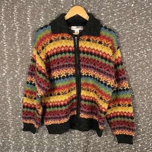 Vintage Paris Sport Club Full Zip Knit Sweater Fair Isle Wool Blend Women's M